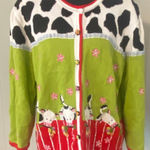VTG Berek Cow Print Cardigan Sweater Floral Appliqué Farm Art to Wear Teacher XL Green Photo 0