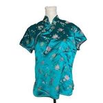 Vintage Teal Chinese Silk Floral Blouse Short Sleeve Size 40 By Folk Squirrel Green Photo 0