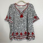 J. Jill White Embroidered Tassel Front Tie Embroidered Peasant Top, Size XL Black Photo 0