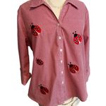 Las Olas Embroidered Ladybug Plaid Button Up Blouse Medium Photo 0