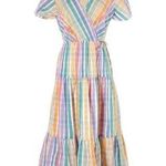 J.Crew NWT Faux-wrap Midi in Rainbow Gingham Striped Tiered Dress 0 Photo 0