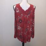 Time And Tru  red rum floral lace up open shoulder blouse Photo 5