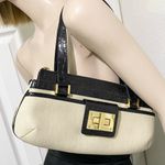 Ralph Lauren Lauren Black Croc Leather Beige Canvas Gold Turnlock Shoulder Bag Photo 1