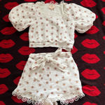 Ciebon white embroidered flowers puffy sleeve two piece top shorts XS Photo 0