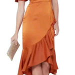 AmyLynn Amoura Ruffle Midi Satin Wedding Guest Dress Tan Size S NWT Orange Photo 0