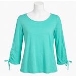 Belle Kim Gravel Ruched Sleeve Top Womens M Teal Green Casual Boho Minimalist Size M Photo 0