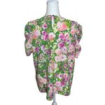 Pleione Green Pink Floral Blouse Ruched Short Sleeves Medium Garden Flower Roses Photo 3