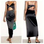 ZARA Black Asymmetric Satin Midi Dress Size Large Cut Out Sexy Cocktail Wedding Photo 12