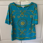 Charter Club Teal Equestrian Print Boat Neck 3/4 Sleeve Top Women's Medium Photo 0