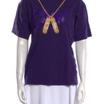 Designer Graphic Tee Purple Skateboard Necklace Print Short Sleeve Women's Top Photo 0