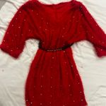 Elegant Red Knit Dress with Pearl Accents Photo 2