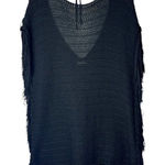 ZARA  Sweater Women Small Black Open Knit‎ V Back Fringe Sides Short Sleeve Tunic Photo 0