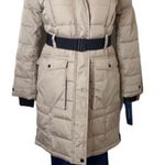 French Connection Women’s Tan Faux Fur Belted Hooded Longline Jacket Medium Photo 0