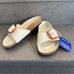 Birkenstock  Madrid Iridescent Big
Buckle Nubuck Leather Slide Sandal, Ecru,37EU Photo 6