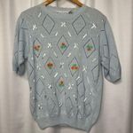 Vintage Western Connection Sweater Sz S Blue Pointelle Ribbon Bouquet Floral Photo 0