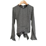 ZARA  Blouse Top XS Gingham Check Cold Shoulder Tie Back Bell Sleeve Black White Photo 2