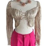 Urban Honey O. Vianca Gleam On Satin Tie Front Top Gold Size M Photo 9