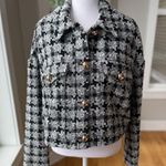 Ophelia Roe  Black White Houndstooth Tweed Cropped Jacket Gold Buttons Large NEW Photo 11