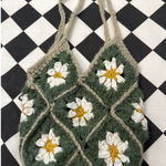 Handmade Crochet Daisy Flower Tote Bag Green White Yellow Boho Granny Square Photo 0