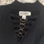 Say What? βSay What?β Ribbed Black Bodycon Dress β Gold Ring Lace-Up Neckline Photo 1