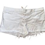 EXPRESS  Vintage Mid Rise Lace-Up Raw Hem Jean Shorts White Stretch 18 Plus Photo 0
