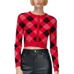 ZARA Cropped Argyle Cardigan Red Pink Black Long Sleeve Button Front Women's S Photo 0