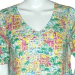 Talbots  Shirt Womens Medium Petite Multicolor Santorini‎ Greece Print Novelty Photo 4