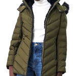 ZARA Longline Puffer Coat Green Faux Fur Removable Hood Small Down Feather Fill Photo 0