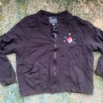 Modcloth navy blue embroidered planet stars linen blend bomber jacket, size XL Photo 0