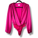 Lovers + Friends Hot Pink Megan Crepe Satin Surplice Blouson Sleeves Bodysuit Photo 3