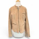 Ecru  Suede Tan Collarless Moto Zip Up Jacket Zippered Pockets & Sleeves Size XL Photo 1