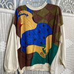 Vintage Jou Jou 80s Painted Art Sweatshirt Beaded Abstract Face Oversized Artsy Tan Size 00 Photo 0