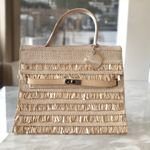 Carlo Zini Rare Linen Médium Size Handbag Ecru W/ Pearl & Shell Fish Details Tan Photo 0