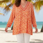 Michael Kors  Womens 3X Orange White Abstract Print V Neck Tunic Top Long Sleeve Photo 1