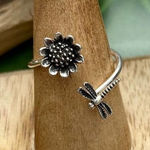 Dragonfly & Sunflower Adjustable Sterling Ring 5,9 Silver Photo 0