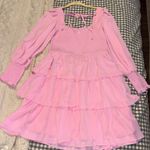 pink puff sleeve shirred tiered smock mini dress. Size L Photo 3
