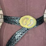 belt split leather black braided goldtone buckle stone western Photo 0
