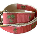 Women’s Canvas Ribbon‎ Belt D Ring Pink Flamingos Palm Trees 39in Photo 0