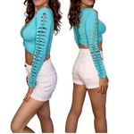 SLIT WEAVE Knotted Long Sleeve Turquoise Crop Top Rave Party Festival Club Sz S Photo 1