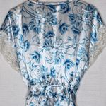 Morgan Taylor  Blue Floral Satin Robe Lace Trim Kimono Wrap Womens S/M Loungewear Photo 6