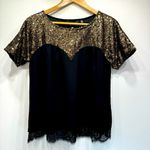 BKE Boutique Short Sleeve Black with Gold Sequins & Eyelash Fringe Lace Top S Photo 2