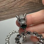 Wild Cat Leopard Rhinestone Dangle Pierced Earrings Silver Tone Clear & Green Photo 6