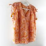 Anthropologie  V Neck Short Sleeve Tie Tassel Shoulder Printed Top Blouse Orange Photo 5