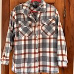 HFX Shacket Women’s Med Wool Blend Snap Shirt Plaid Shacket Gray Burnt Orange Photo 0