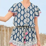 Matilda Jane  Boho Tribal Print Romper Dress Blue Pink Tassels Drawstring M Photo 0