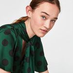 ZARA  Womens Blouse Size Medium Silky Polka‎ Dot Bow Necktie Green Black NEW Photo 3