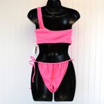 Good American NEW Always Fits Bikini Set One Shoulder Top Tiny Ties Bottom Pink Photo 3