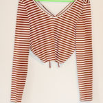 Long Sleeve Striped Cropped Top Drawstring Tie Size L NWT Brown Size L Photo 0