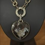 Vintage Smoky Glass Heart Pendant Large Brass with Rhinestone Bail Heavy Gray Photo 1