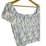 Lush Clothing New Lush Womens Size XL Cropped Top Smocked Cap Puff Sleeve White Blue Swirl Photo 3